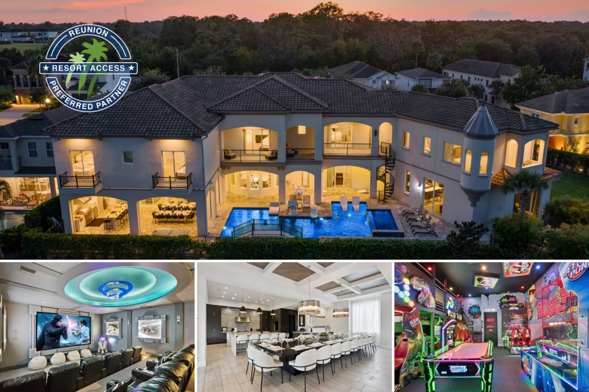 Royal Reunion over 13,000 sq. ft. of luxury living, complete with a castle-inspired turret, expansive balconies, and elegant architecture. The ultimate resort-style retreatâ€”just minutes from Disney.