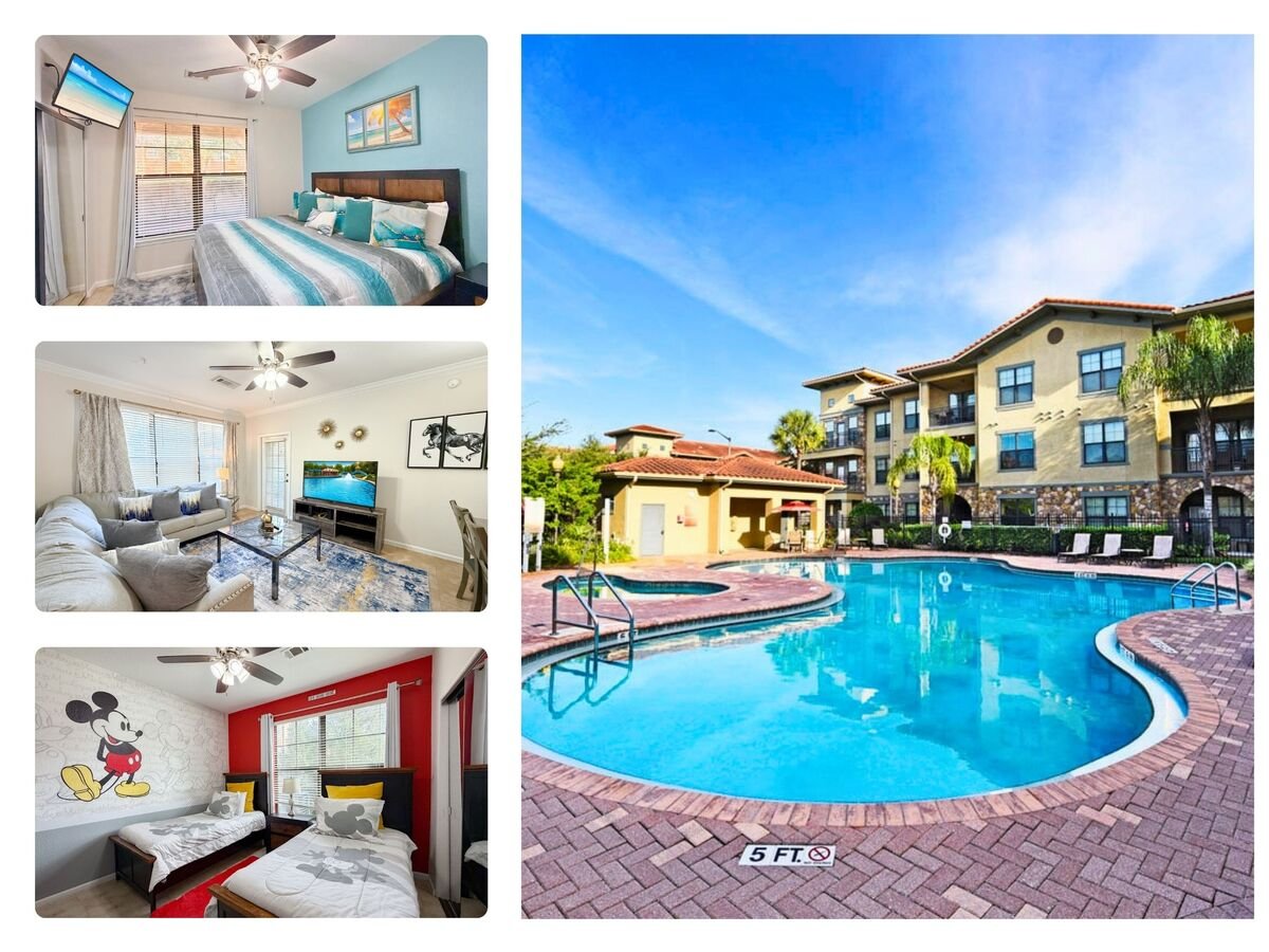 Collage of a vacation rental interiors including bedrooms, living area, and resort-style community pool near Disney