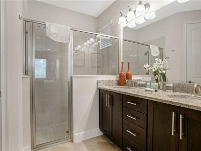 Bathroom showing shower and sinks