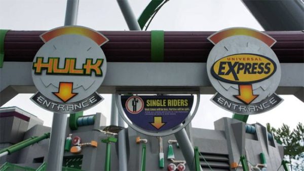Hulk roller coaster ride express and standard entrance.