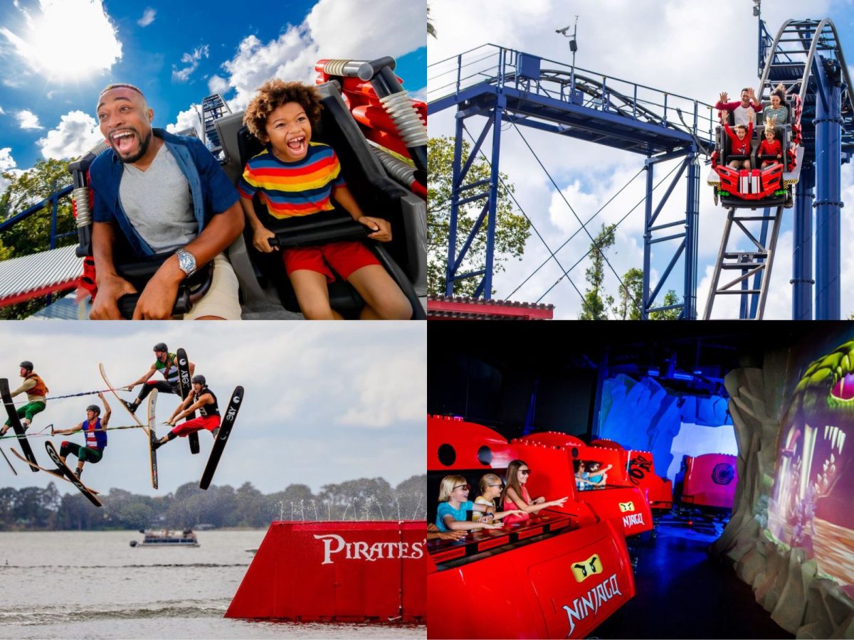 Collage of different rides and attractions at Legoland.