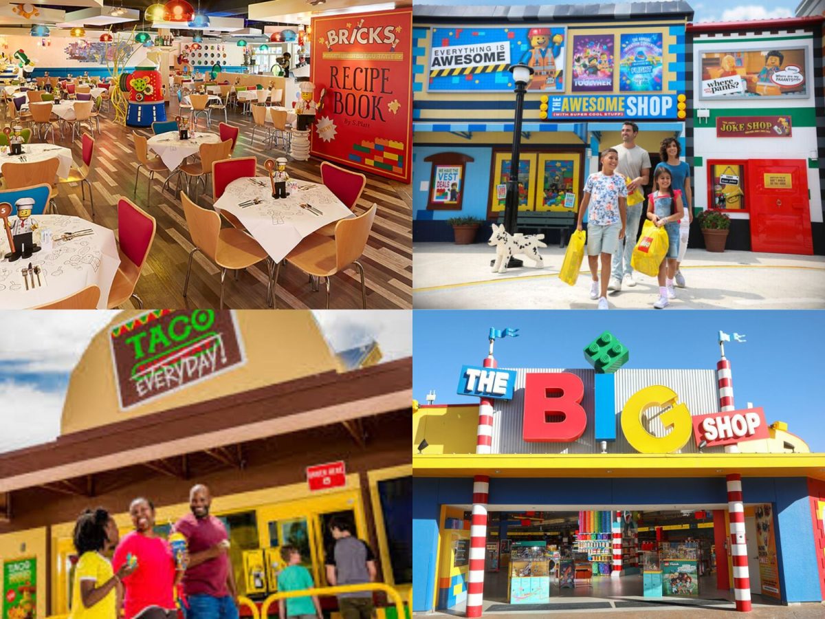 Collage of different shopping and dining locations in Legoland.