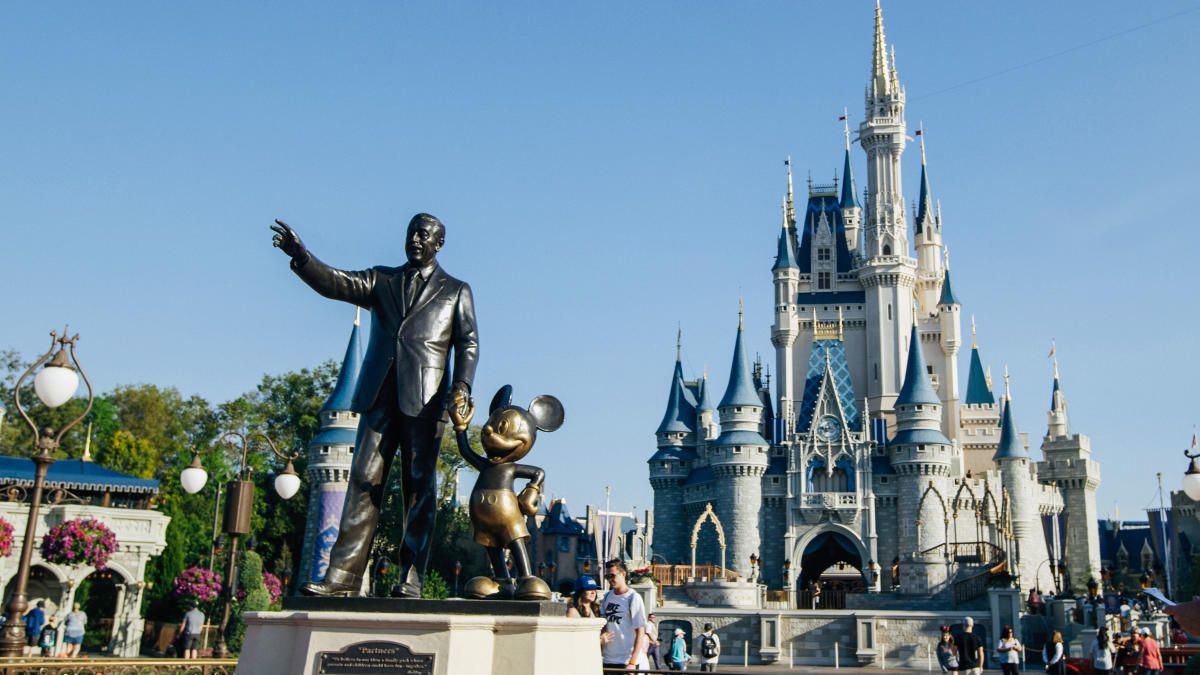 Walt Disney statue in front of Cinderella's castle in Magic Kingdom