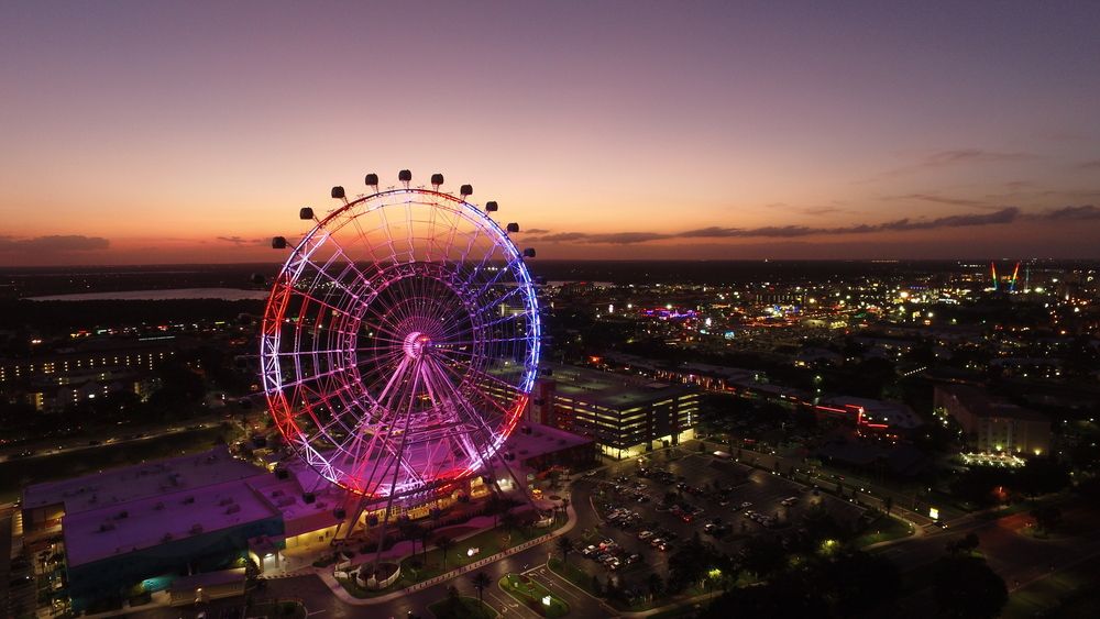Drone image of International Drive at night