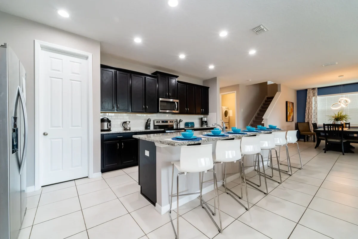 Fully equipped kitchen in one of our vacation rentals near Disney.  