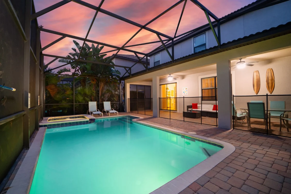Pool area in one of our vacation rentals near Disney. 