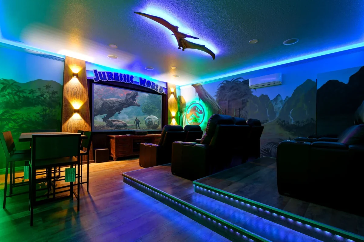 Dinosaur themed movie room. 