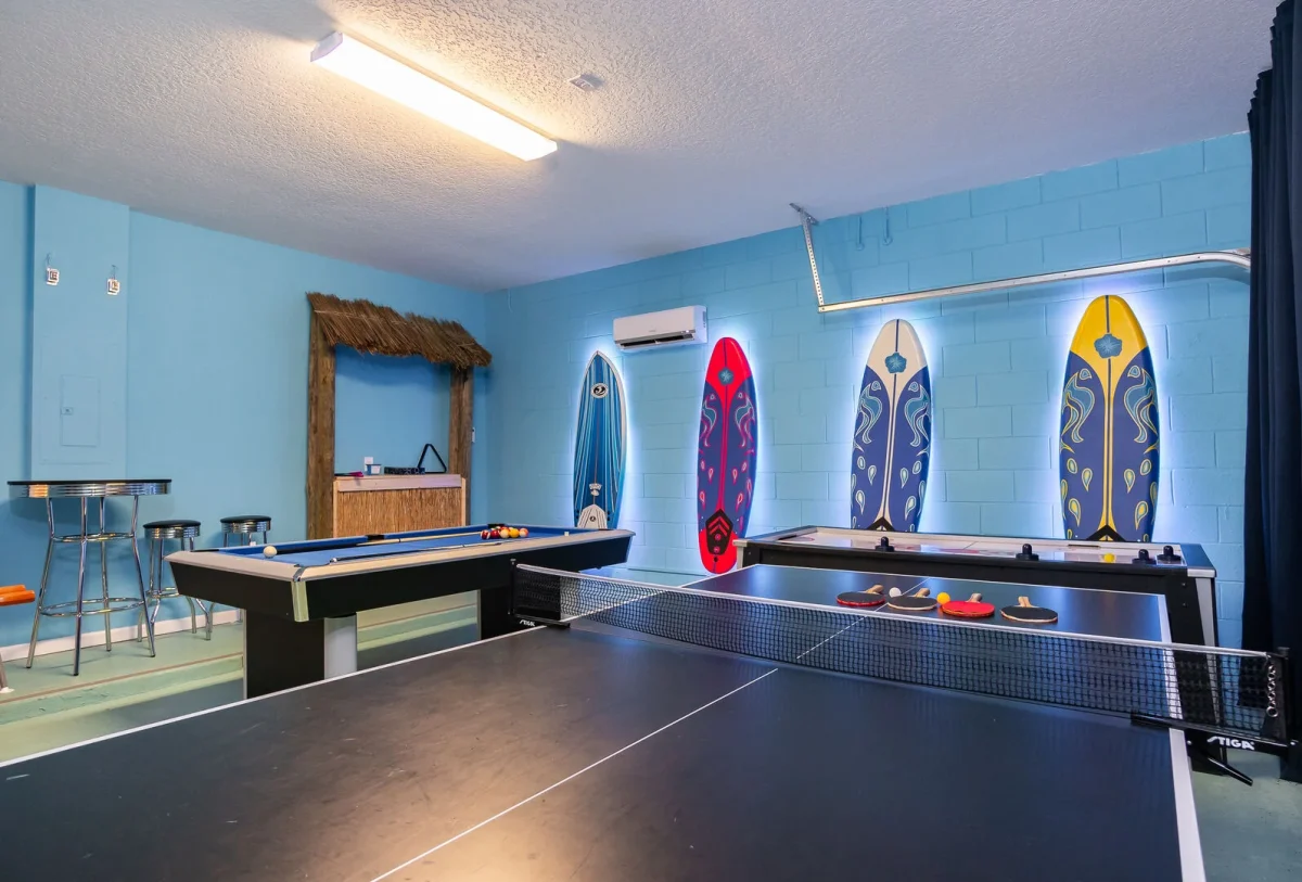 Surf themed games room in a vacation rental managed by Orlando Rent a Villa.