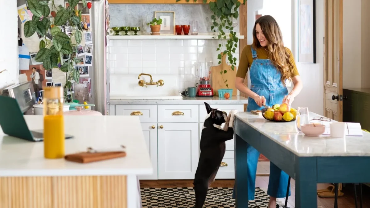 Guests in rental enjoying time with their pet. 