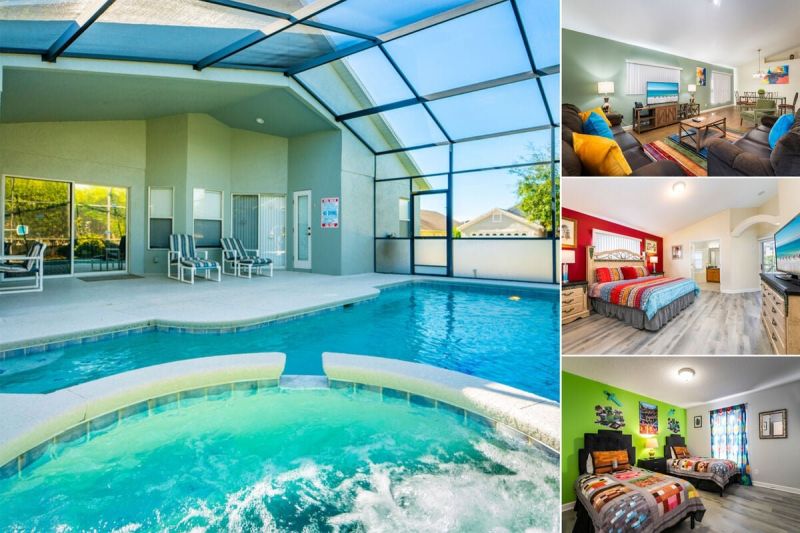 Collage of a vacation rental managed by Orlando rent a villa with a screened in private pool and spa