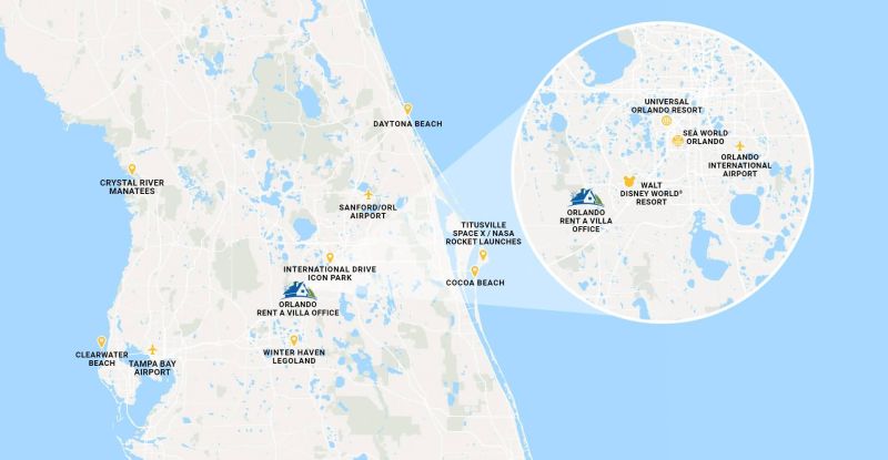 Map showing how close Orlando rent a villas office is to attractions and airports. 