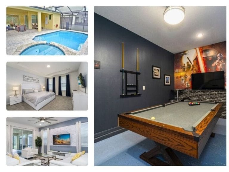 Collage of a vacation rental near Disney managed by Eagle Management with a screened in private pool and spa.
