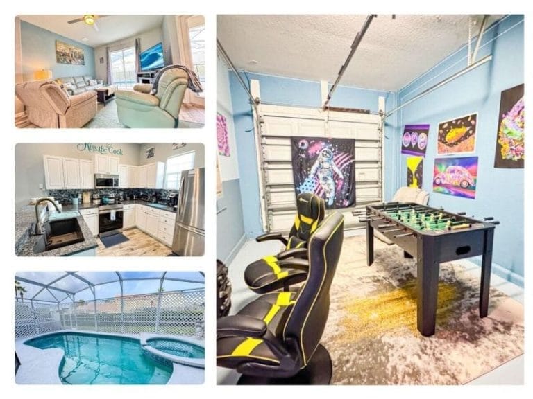 Collage of a vacation rental near Disney managed by Eagle Management with a screened in private pool and spa.