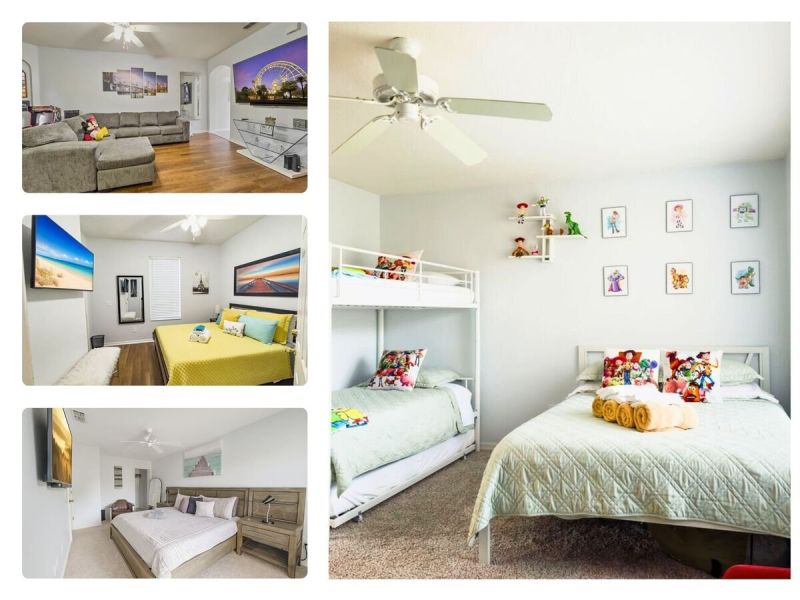 Florida vacation rental featuring a spacious living room, comfortable bedrooms, and a kid-friendly bunk room ideal for families.