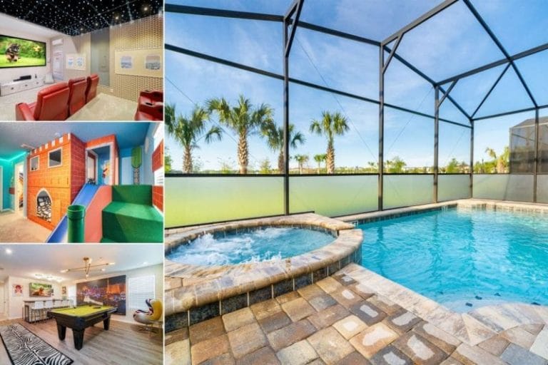Collage of a vacation rental managed by Eagle Management with a screened in private pool and spa.