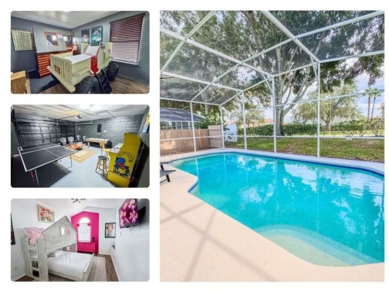 Collage of a vacation rental near Disney managed by Eagle Management with a screened in private pool