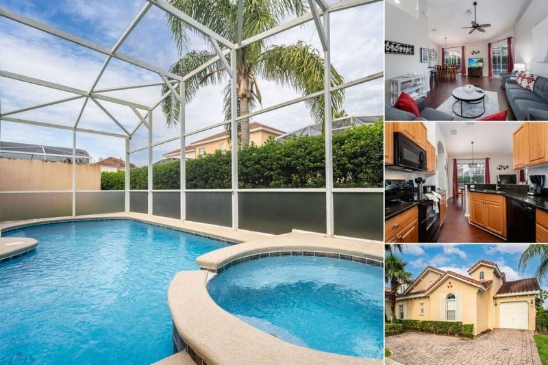 Collage of a vacation rental near Disney managed by Eagle Management with a screened in private pool and spa