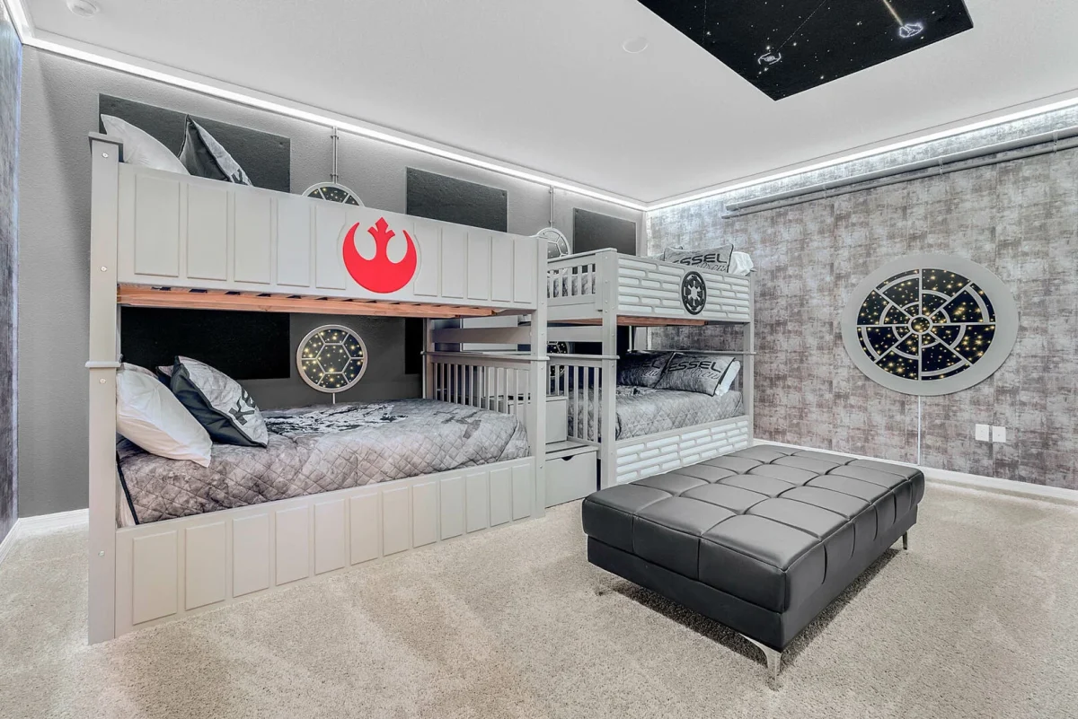 Star Wars themed bunk bedroom with custom beds, galactic lighting, and a fun, immersive design kids will love. 