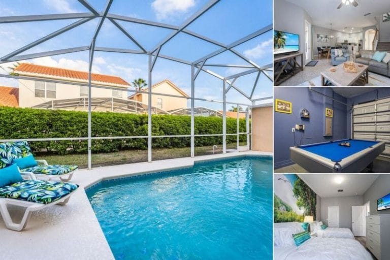 Collage of a vacation rental managed by Eagle Management with a private screened in swimming pool