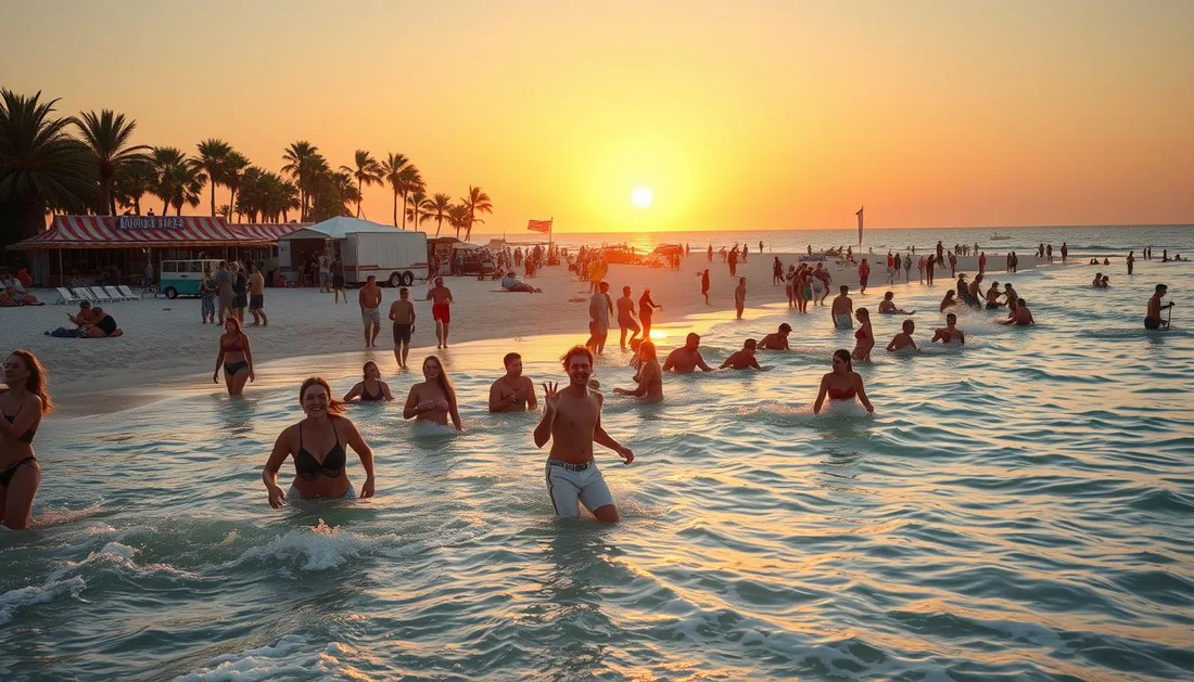 People enjoying the ocean at sunset on a lively Florida beach, with palm trees and warm golden light in the background.