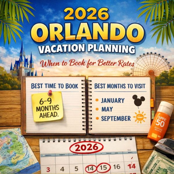 2026 Orlando vacation planning graphic showing best time to book and best months to visit. 