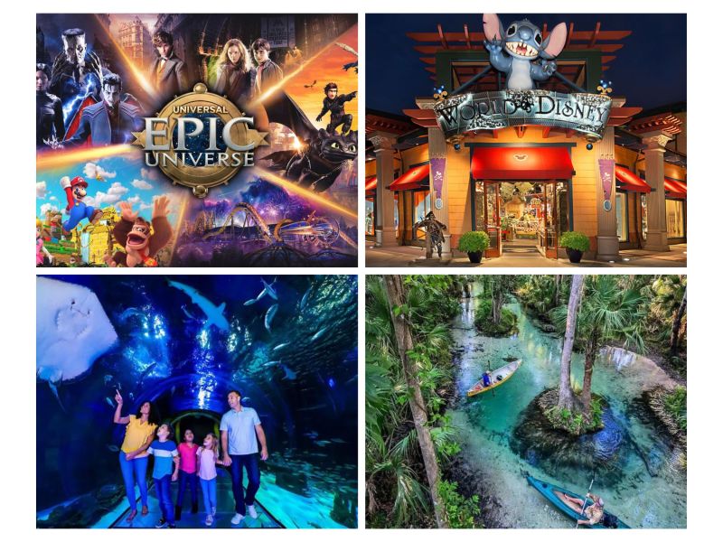 Collage of different attractions in Central Florida. Epic Universe, World of Disney store in Disney Springs, walk though aquarium, and a kayaking adventure. 
