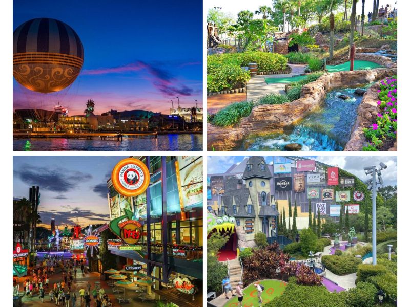 Collage of attractions that stay open after parks close