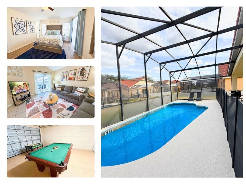 Collage of a vacation rental managed by Orlando rent a villa with screened in private pool and spa.