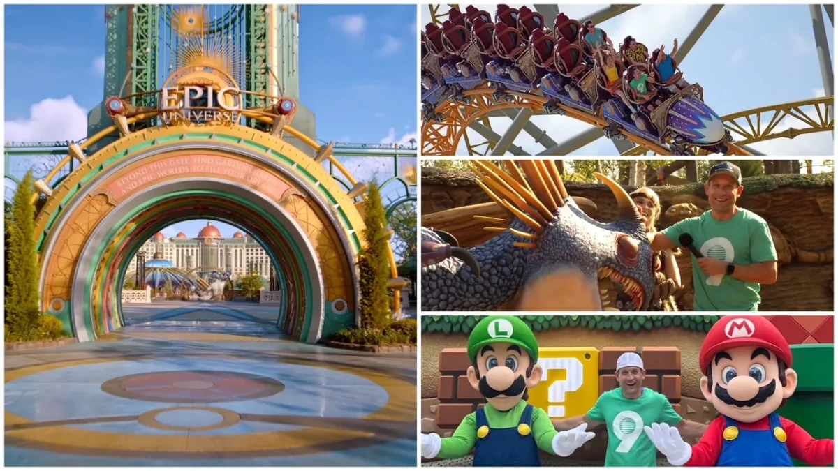 A collage of different attractions in Epic Universe. 